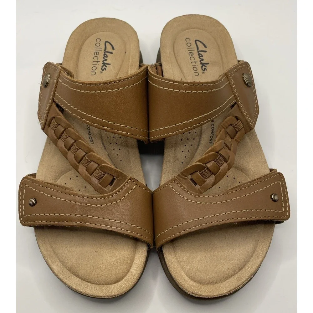Clarks Collection Leather Slide Sandals - April Raelyn Tan A49 Women's Size 6.5M